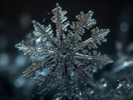An extreme close-up texture photo of a snowflake, revealing the intricate geometric patterns and crystalline structure that's unique to each flake.の素材