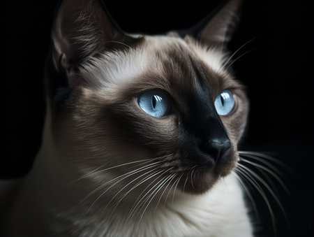The camera captures a close-up shot of a Siamese cat. Its striking blue eyes, contrasted against a cream and gray coat, give it an aristocratic air. The cat's whiskers are fully extended, and its gaze is focused, reflecting a curious yet discerning disposition.の素材