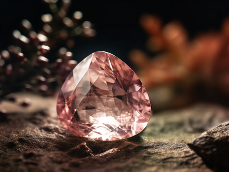 The extreme close-up reveals the charming complexity of a morganite's surface. The light plays off the rosy hues of the stone, accentuating its intricate crystalline structure.の素材