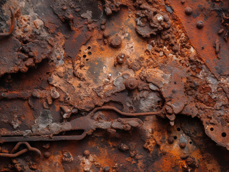 A close-up texture photograph of a rusty metal surface, showcasing the abstract beauty of corrosion and the passage of time.の素材