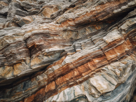 A close-up texture photo of a rock surface revealing a story of geological time with its diverse layers, cracks, and mineral deposits.の素材