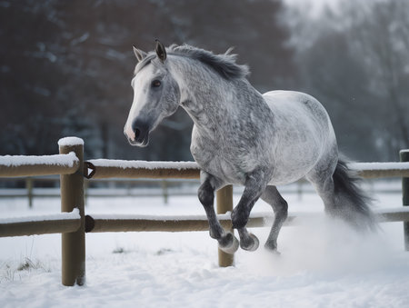 A dappled grey horse, its hooves kicking up flurries of snow, jumps a hurdle at the Christmas Hurdle. The snow-covered scene captures the winter wonder and excitement inherent in this seasonal race.の素材