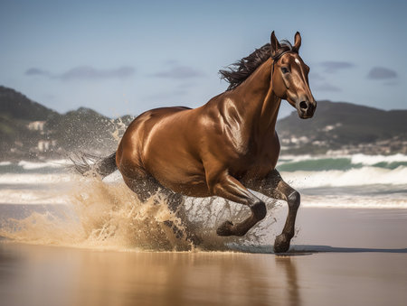 A powerful bay horse, its form captured mid-gallop, races along the beach adjacent to the Melbourne Cup track. The crashing waves in the background add a unique and dynamic element to the scene.の素材