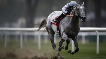 A fleet-footed grey horse, raindrops tracing its movement, speeds down the track at the Caulfield Cup. The rhythm of the falling rain underscores the horse's agility and speed in this thrilling race.の素材