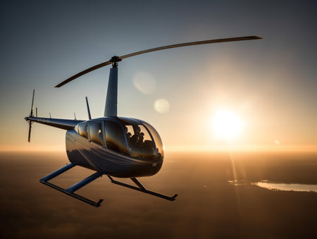 A Robinson R66 Turbine helicopter hovers against a vast blue sky, the sun casting long shadows on its sleek, silver body. The five-bladed rotor spins in a captivating blur, and the compact design of this single-engine helicopter is clearly visible, showcasing a blend of simplicity and performance.の素材
