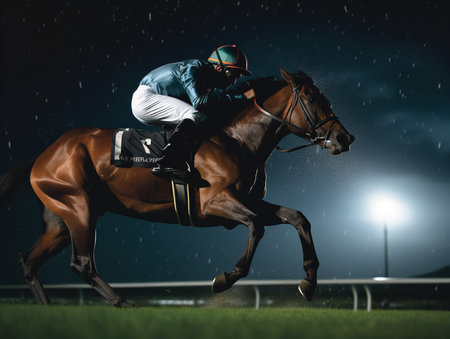 The night sky, punctuated by a scatter of twinkling stars, serves as the backdrop for a powerful brown racehorse prancing on the Irish Derby track. The serene night contrasts with the fiery spirit of the horse, captured mid-prance.の素材