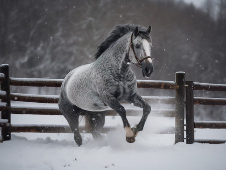 A dappled grey horse, its hooves kicking up flurries of snow, jumps a hurdle at the Christmas Hurdle. The snow-covered scene captures the winter wonder and excitement inherent in this seasonal race.の素材