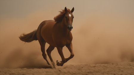 A swift Arabian horse, its chestnut coat blending with the sweeping sandstorm, races with unmatched determination in the Saudi Cup. The horse's resilience and the harsh desert environment illustrate the grit required in this race.の素材