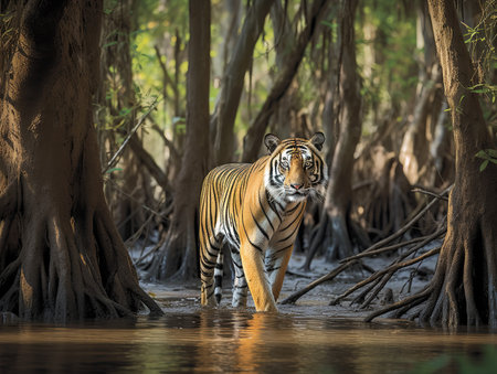A Bengal Tiger, its gilded stripes shimmering against its vibrant orange coat, prowls through the Sundarbans mangrove forest. Its intense gaze and powerful stance highlight the raw, untamed power of one of nature's most iconic predators.の素材
