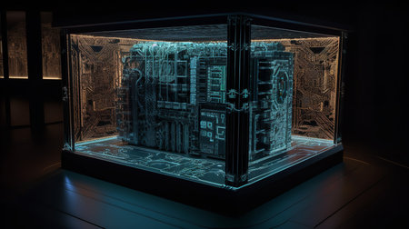 A 3D holographic projection of a supercomputer, with intricate circuits and glowing nodes. This impressive machine is powered by a highly advanced AI system.の素材