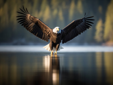 A Bald Eagle, its powerful wings spread wide, soars majestically over a tranquil lake. This bird of prey's piercing gaze and graceful flight personify the freedom and grandeur of the natural world.の素材