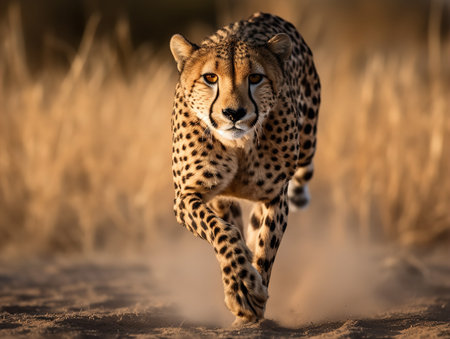 A Cheetah, the fastest land animal, is captured mid-sprint in the African savannah. The streamlined body, intense focus, and powerful muscles of this predator are on full display, symbolizing the raw speed and agility of the animal kingdom.の素材