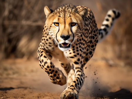 A Cheetah, the fastest land animal, is captured mid-sprint in the African savannah. The streamlined body, intense focus, and powerful muscles of this predator are on full display, symbolizing the raw speed and agility of the animal kingdom.の素材