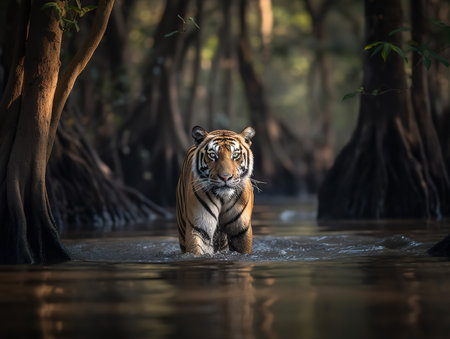 A Bengal Tiger, its gilded stripes shimmering against its vibrant orange coat, prowls through the Sundarbans mangrove forest. Its intense gaze and powerful stance highlight the raw, untamed power of one of nature's most iconic predators.の素材