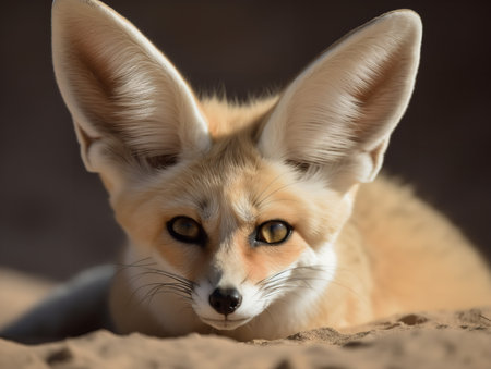 A Fennec Fox, its oversized ears perked in alertness, gives an enigmatic stare from the crest of a desert dune. This smallest of all canines, adapted to the harsh desert environment, symbolizes survival and resilience.の素材