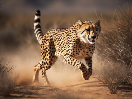 A Cheetah, the fastest land animal, is captured mid-sprint in the African savannah. The streamlined body, intense focus, and powerful muscles of this predator are on full display, symbolizing the raw speed and agility of the animal kingdom.の素材