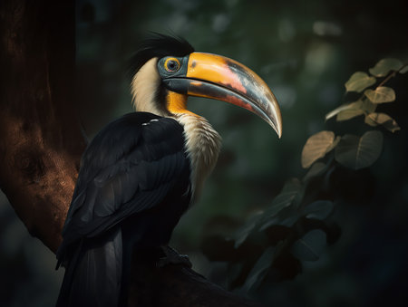 A Great Indian Hornbill, perched majestically on a dense rainforest branch, presents a striking picture with its large yellow and black casque and penetrating gaze. The serene morning light filters through the verdant canopy, illuminating the bird's vibrant plumage and highlighting its royal demeanor.の素材