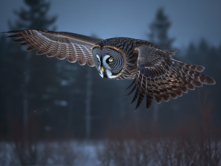 A Great Grey Owl, its feathers dusted with snow, is captured mid-flight against the twilight sky. The owl's intense yellow eyes and wide wingspan create a haunting image of the silent, nocturnal hunter.の素材