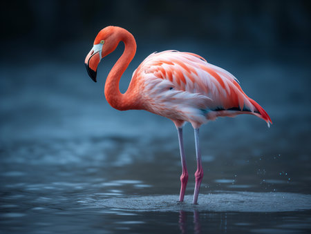 A Flamingo, its vibrant pink feathers contrasting with the serene blue waters, balances on one leg. The bird's slender neck is elegantly curved, displaying its delicate grace and the incredible balance inherent in avian life.の素材