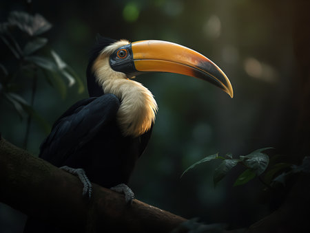 A Great Indian Hornbill, perched majestically on a dense rainforest branch, presents a striking picture with its large yellow and black casque and penetrating gaze. The serene morning light filters through the verdant canopy, illuminating the bird's vibrant plumage and highlighting its royal demeanor.の素材