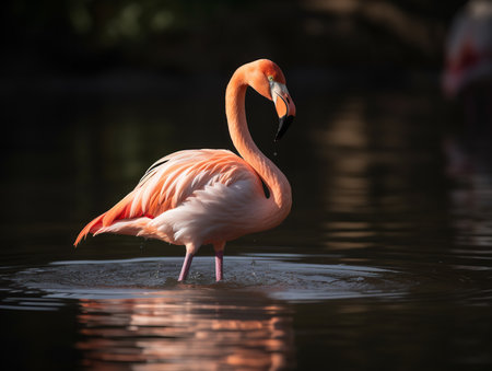 A Flamingo, its long, elegant neck curved and pink feathers brilliantly highlighted in the sunlight, stands in a lagoon. The bird's flamboyant coloration and one-legged stance are an eye-catching spectacle in the natural world.の素材