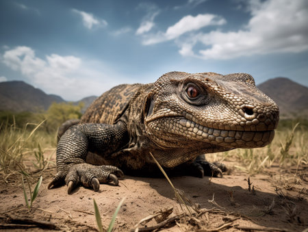 A Komodo dragon sprawls across the arid landscape, its robust scales appearing almost armor-like under the harsh Indonesian sun. The creature's forked tongue flickers out, tasting the air, while its intense gaze surveys its realm with undisputed dominance.の素材