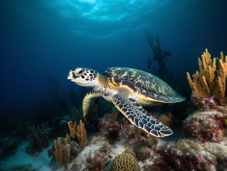 A Hawksbill Sea Turtle glides effortlessly through the tropical coral reefs, its carapace reflecting a mosaic of amber, brown, and black. Its beak-like mouth, a defining feature, hints at the challenges it faces in this fragile and rapidly changing ecosystem.の素材