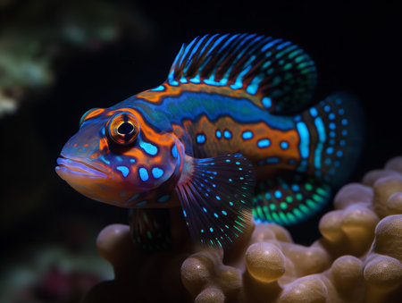 A Mandarin Fish, its skin a dazzling display of vibrant blues and oranges, swims among the coral reefs. This small, shy creature's spectacular coloration is a marvelous spectacle of marine biodiversity.の素材