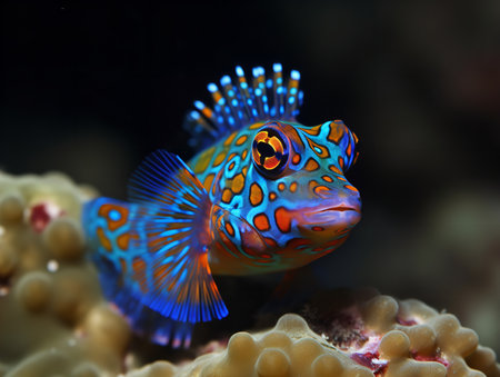 A Mandarin Fish, its skin a dazzling display of vibrant blues and oranges, swims among the coral reefs. This small, shy creature's spectacular coloration is a marvelous spectacle of marine biodiversity.の素材