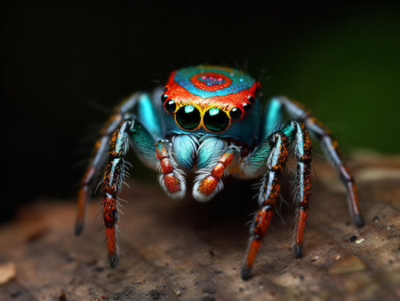 A Peacock Spider, its vibrant abdomen unfurled in a dazzling display, performs its intricate mating dance. The tiny arachnid's kaleidoscopic colors and complex choreography showcase the fascinating complexity of the natural world.の素材
