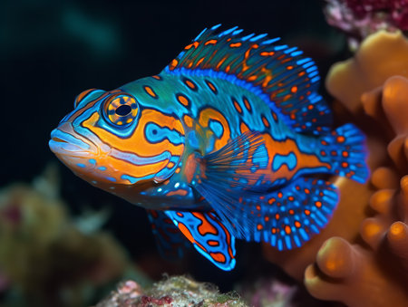 A Mandarin Fish, its skin a dazzling display of vibrant blues and oranges, swims among the coral reefs. This small, shy creature's spectacular coloration is a marvelous spectacle of marine biodiversity.の素材