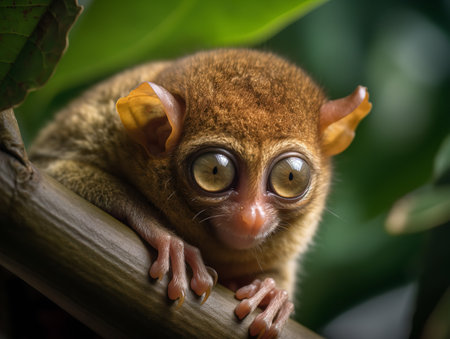 A Philippine Tarsier clings to a jungle vine, its oversized eyes, wide and gleaming, mirror the lush surroundings. This tiny primate, its fingers delicately gripping the vine, exemplifies the mysterious allure of the tropical rainforest, with its nocturnal habits and enigmatic expressions.の素材