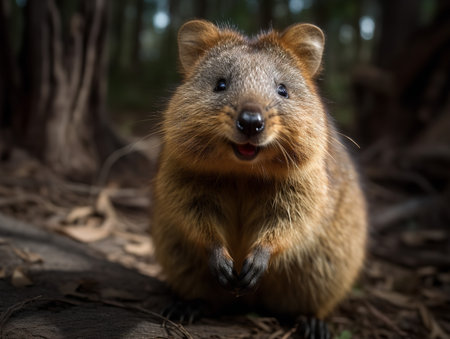 A Quokka, often dubbed the world's happiest animal, grins broadly in a sun-dappled Australian forest. Its soft, brown fur shines under the warm sunlight, and its small hands hold a leafy snack. The creature's friendly demeanor and infectious smile make for an irresistible portrait.の素材