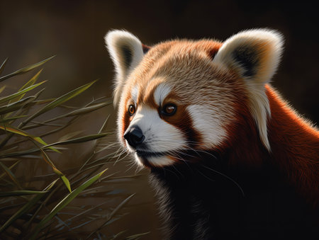 A Red Panda, its thick russet fur blending in with the bamboo forest, gazes wistfully into the distance. The creature's soft features and expressive eyes evoke a sense of tender charm.の素材