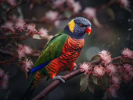 A Rainbow Lorikeet perches on a blossoming branch, its prismatic plumage displaying a vibrant array of colors. The bird's playful nature and bold patterns are a symbol of the rich biodiversity found in the Australian wilderness.の素材