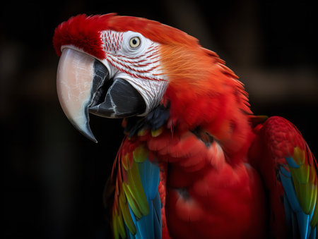 A Scarlet Macaw, its vibrant feathers a blaze of red, yellow, and blue, perches in the tropical rainforest. The bird's loud call and striking coloration make it a standout in the vibrant biodiversity of the tropics.の素材