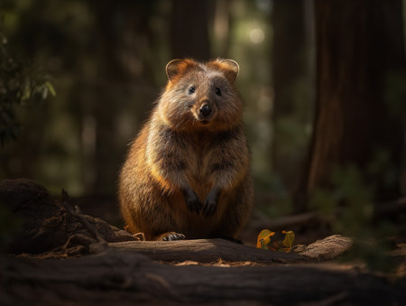 A Quokka, often dubbed the world's happiest animal, grins broadly in a sun-dappled Australian forest. Its soft, brown fur shines under the warm sunlight, and its small hands hold a leafy snack. The creature's friendly demeanor and infectious smile make for an irresistible portrait.の素材