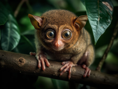 A Philippine Tarsier clings to a jungle vine, its oversized eyes, wide and gleaming, mirror the lush surroundings. This tiny primate, its fingers delicately gripping the vine, exemplifies the mysterious allure of the tropical rainforest, with its nocturnal habits and enigmatic expressions.の素材