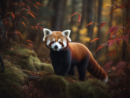 A Red Panda, its thick russet fur blending in with the bamboo forest, gazes wistfully into the distance. The creature's soft features and expressive eyes evoke a sense of tender charm.の素材