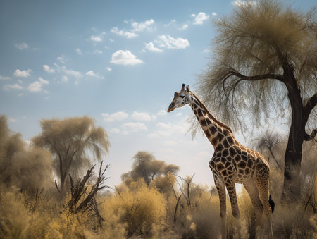 A Rothschild giraffe stands tall among the Acacia trees, its long neck stretching towards the clear blue sky. The creature's unique pattern of chestnut spots contrast beautifully against its creamy coat, epitomizing the elegance of one of the world's tallest mammals.の素材