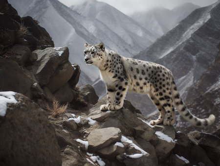 A Snow Leopard, its snow-white coat dappled with black rosettes, glides with stealthy grace across the rocky terrain of the Himalayas. The image captures the ethereal beauty of this elusive and endangered high-altitude predator.の素材