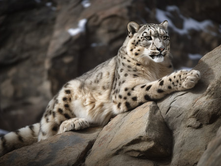 A Snow Leopard, its rosetted fur blending seamlessly into the rocky terrain, exemplifies the elusive beauty of high-altitude wildlife. The cat's stealth and adaptability make it a master of its mountainous environment.の素材