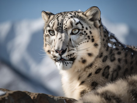 A Snow Leopard, its thick white coat blending perfectly with the snowy Himalayan peaks, stares with piercing blue eyes. This elusive predator, perfectly adapted to its harsh environment, embodies the cold, desolate beauty of the mountains.の素材