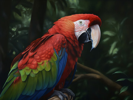 A Scarlet Macaw, its vibrant feathers a blaze of red, yellow, and blue, perches in the tropical rainforest. The bird's loud call and striking coloration make it a standout in the vibrant biodiversity of the tropics.の素材