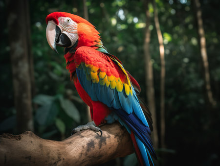 A Scarlet Macaw, its vibrant feathers a blaze of red, yellow, and blue, perches in the tropical rainforest. The bird's loud call and striking coloration make it a standout in the vibrant biodiversity of the tropics.の素材