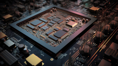 A close-up, high-resolution image of an AI chipset and surrounding circuitry, viewed under magnification. The complex layout of the silicon, transistors, and various other components is captivating.の素材