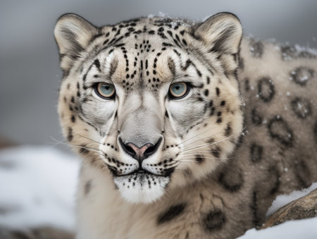 A Snow Leopard, its thick white coat blending perfectly with the snowy Himalayan peaks, stares with piercing blue eyes. This elusive predator, perfectly adapted to its harsh environment, embodies the cold, desolate beauty of the mountains.の素材
