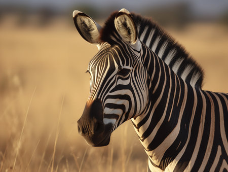 A Zebra, its bold black and white stripes a natural optical illusion, grazes in the savanna. This iconic African mammal's distinct pattern is a unique adaptation for social recognition and predator deterrence.の素材