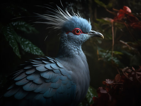 A Victoria Crowned Pigeon stands regally against a backdrop of dense jungle, its blue-grey plumage appearing almost metallic under the filtered sunlight. The elegant crest of lacy feathers, which gives the bird its name, frames a pair of deep red eyes, completing this captivating portrait.の素材