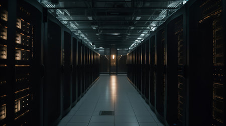 A state-of-the-art data center, rows of servers glowing in the dim light. The entire operation is managed by advanced AI systems, ensuring smooth and efficient data processing.の素材
